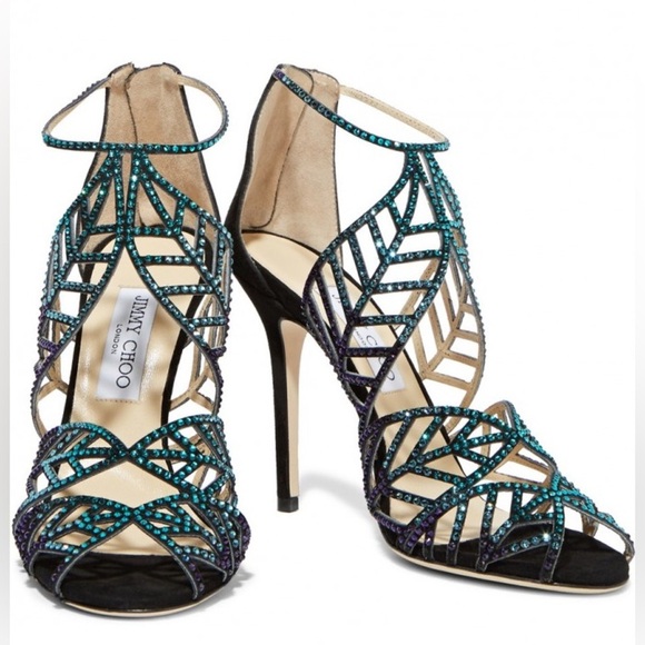 Jimmy Choo Kallai Leaf Sandal Heels Embellished Crystal Designer Sz 40 - Picture 2 of 14
